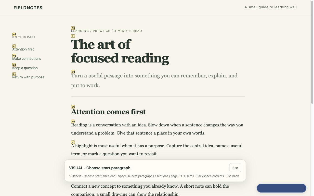 Study Keys paragraph labels on the focused reading demo